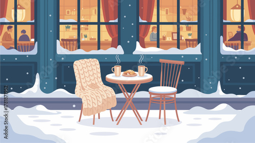 Cozy winter street cafe illustration with snow-covered street, steaming mugs, pastries, and warm light glowing from windows. Flat vector art in soft blue and beige tones
