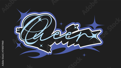 Blue Pop Calligraphy of 'Queer' and Glitters with Purple Outlines, Black Backdrop