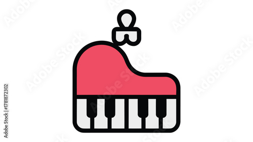 Musical Note Icon: A simplistic illustration of a red piano with a musical note, symbolizing the fusion of music and art, evoking a sense of creativity.