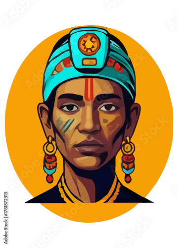 Sacred Priest Vector Illustration – Tribal Figure with Central Blue Mark and Decorative Head Circlet