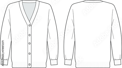 Men’s cardigan sweater fashion flat sketch, long sleeve button front knitwear technical drawing, apparel design template, clothing outline vector, isolated illustration