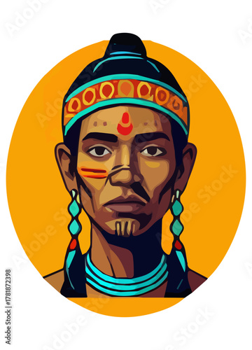 Resolute Hunter Vector Profile – Native Warrior with Bold Red Lines and Turquoise Headband