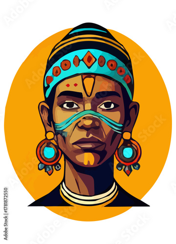 Dignified Elder Vector Art – Ancient Man with Intricate Facial Tattoos and Beaded Collar