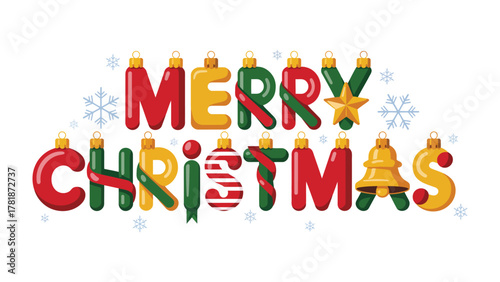 Christmas Cheer: Vibrant typography spells out Merry Christmas, adorned with festive ornaments and snowflakes, celebrating the holiday spirit.
