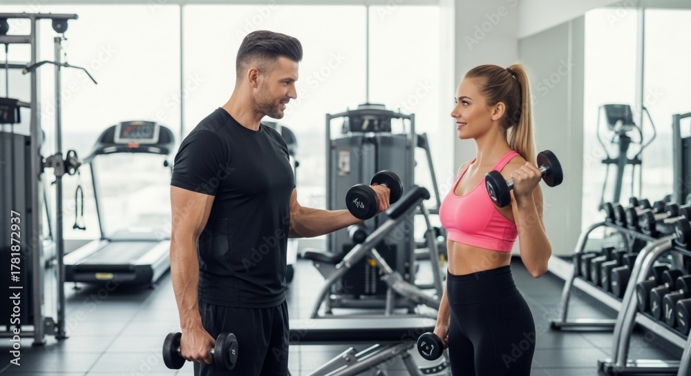 Fototapeta premium Woman working out with dumbbells and personal trainer in gym.