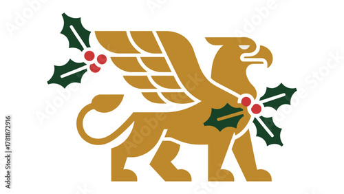 Golden Griffin Emblem: An exquisite golden griffin emblem, adorned with festive holly and berries, embodying a timeless symbol of strength and festivity.