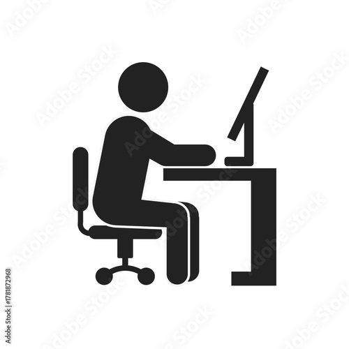 Isolated stick figure illustration of a person working with a computer screen on a desk and sitting in a work chair. For illustration of daily activities in the office.