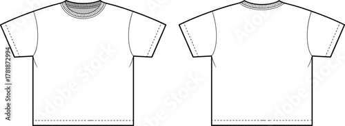 Flat sketch of basic t-shirt front and back view, blank short sleeve top fashion technical drawing, apparel design template, vector illustration