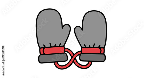 A charming cartoon illustration of a pair of grey winter mittens connected by a red string. This simple vector graphic represents cozy handwear for cold weather, winter accessories, and keeping warm