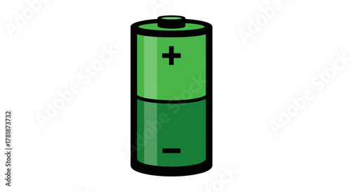 A graphic icon of a green AA battery cell isolated on a white background. This simple vector illustration symbolizes electrical power, energy storage, charge, and a disposable voltage source