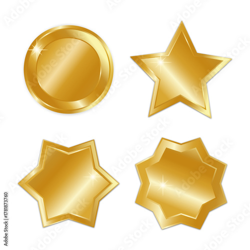 Set of four realistic golden badges, awards, and star shapes on a white background. Perfect vector graphic elements for quality labels, sales, rating, and luxury design