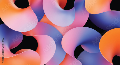 A captivating illustration showcases a mesmerizing arrangement of intertwined 3D shapes, boasting a smooth gradient of colors, creating a visually stunning abstract design. 