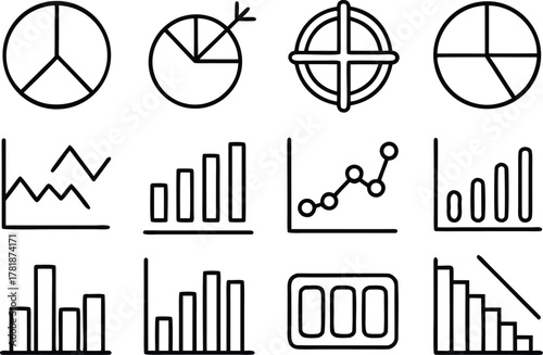 Outline icons of charts and graphs for data analysis and reports