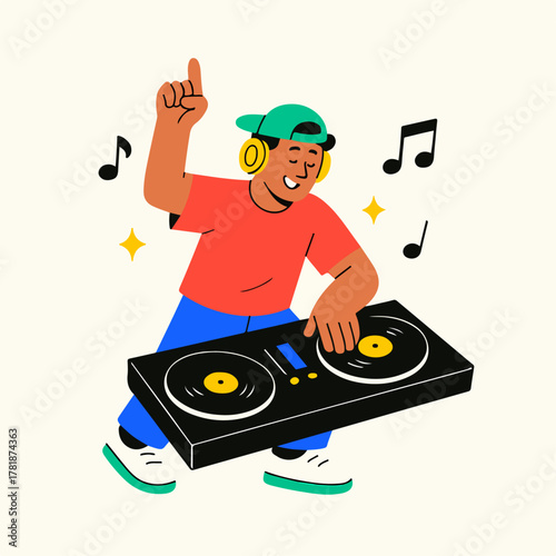 Cool Young DJ Mixing Music Flat Cartoon Illustration