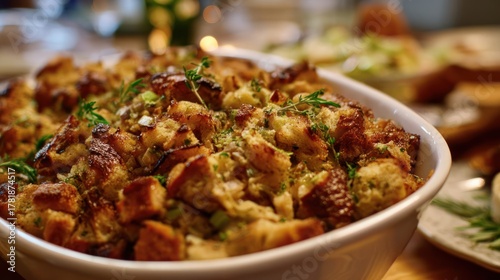 Close-up of stuffing served from a dish, golden brown, autumn-themed table, cinematic 8k