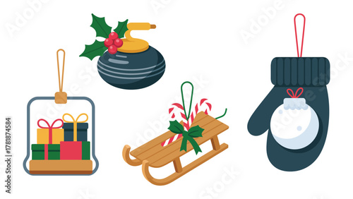 Festive Ornaments: A charming array of holiday decorations, featuring a curling stone, mitten, gift box, and sleigh, evoking the spirit of winter festivities.