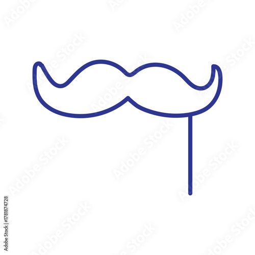 A simple blue line art icon of a handlebar mustache on a stick, isolated on a white background.