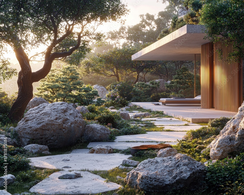 Fototapeta premium Serene modern building surrounded by a lush Zen garden with stone path in sunlight