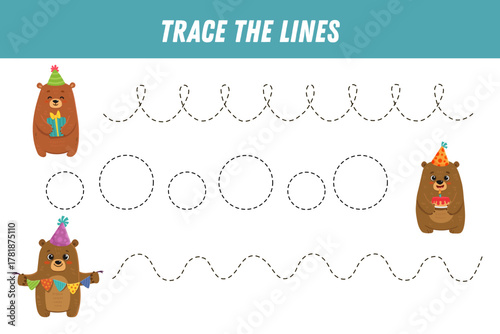Tracing lines for kids. Cute cartoon bears. Handwriting practice. Educational game for preschool kids. Activity page. Vector illustration.
