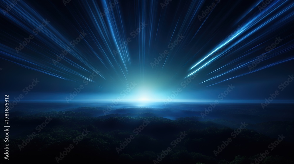 Obraz premium Blue light rays shining down on horizon over forest creating atmosphere of mystery and wonder with futuristic digital technology scene