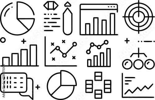 Business data analytics icon set, report and chart visualization
