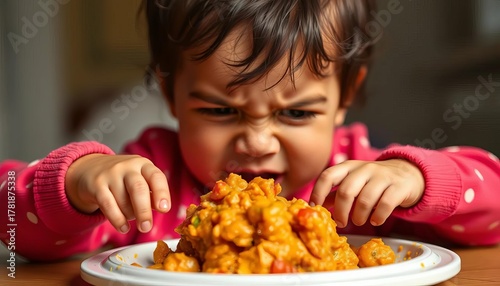 Tantruming child balks at mushy food, tiny hands pushing it away Hunger unmet!,  infant,  food