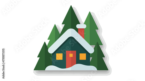 Cozy Winter Cabin: A quaint cabin nestled amidst snow-covered evergreen trees, evoking a sense of warmth and peaceful retreat during the cold winter.