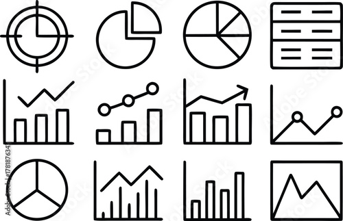 Data visualization icons collection: charts, graphs, and tables