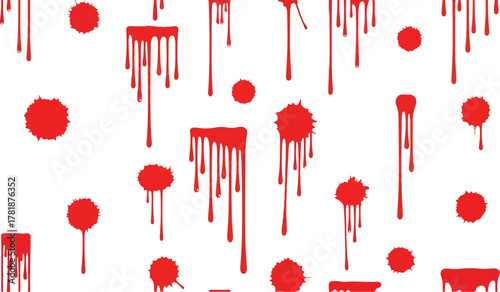 Red drips  splotches spread across a white background resembling blood