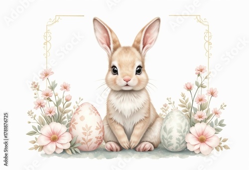 Cute Easter bunny with pastel eggs and blossoms watercolor illustration