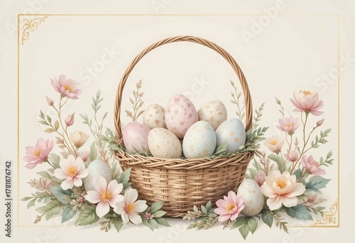 Pastel Easter basket with painted eggs and watercolor flowers