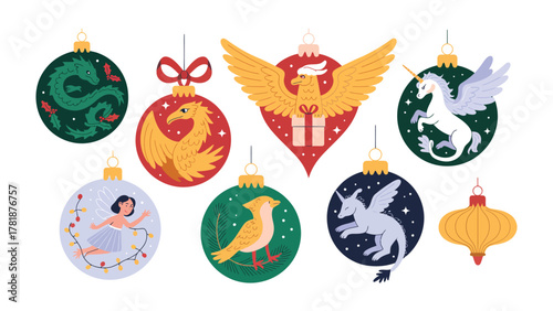 Festive Ornaments Display: A captivating assortment of ornate decorations, featuring detailed illustrations and whimsical designs, hangs suspended.