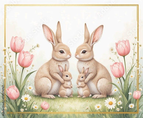 Sweet bunny family in spring garden watercolor illustration
