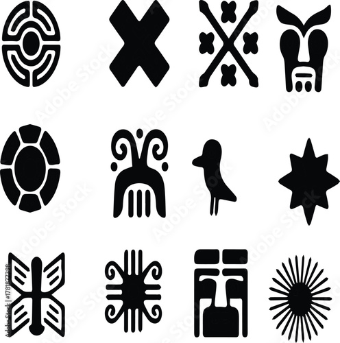 Collection of Twelve Black African Adinkra Symbols On White Background Keywords: adinkra symbols, ghana, africa, west africa, culture, tradition