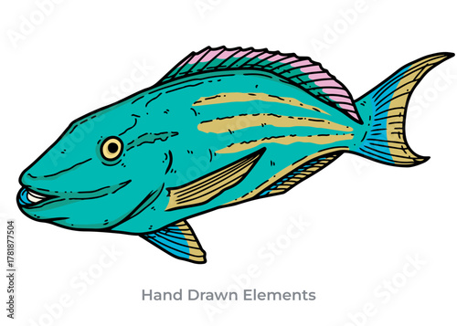 Illustration of a Parrot fish turquoise fish with yellow stripes and pink fin, swimming to the right, depicted in a hand-drawn style.