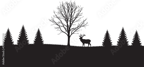 Dramatic silhouette of a majestic deer grazing beneath winter trees and evergreen pines, perfect for nature lovers and outdoor adventure themes