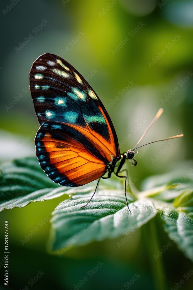 Obraz premium A vibrant orange butterfly perched gracefully on a green leaf with sunlit bokeh background