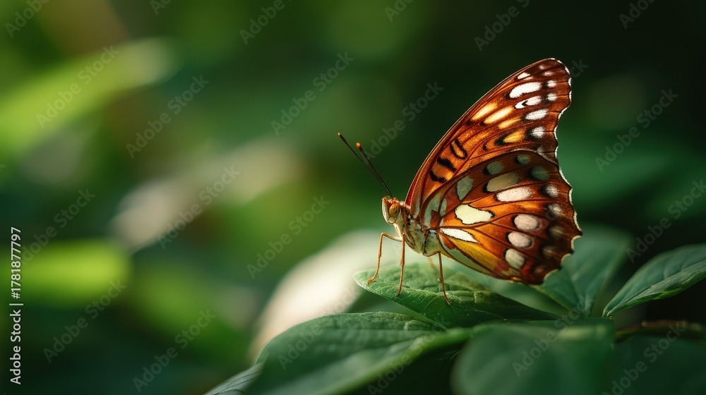 Fototapeta premium A vibrant orange butterfly perched gracefully on a green leaf with sunlit bokeh background
