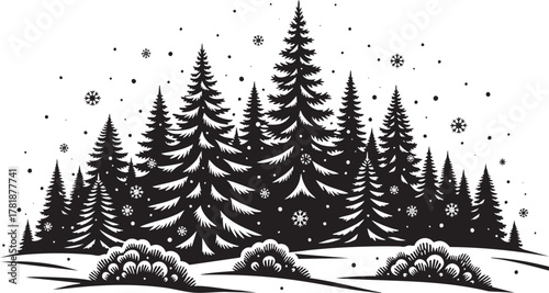 Enchanting winter forest scene with delicate snowflakes falling and snow-covered fir trees, perfect for Christmas cards and seasonal designs