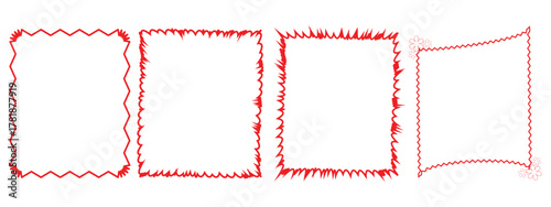 A vector set of four unique, abstract red frame designs with a rough, distressed, and jagged edge style. Perfect for graphic design projects, borders, photo overlays, invitations, scrapbook elements