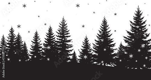 Elegant winter forest silhouette with delicate snowflakes falling softly, perfect for holiday cards and seasonal designs, capturing a serene, magical atmosphere