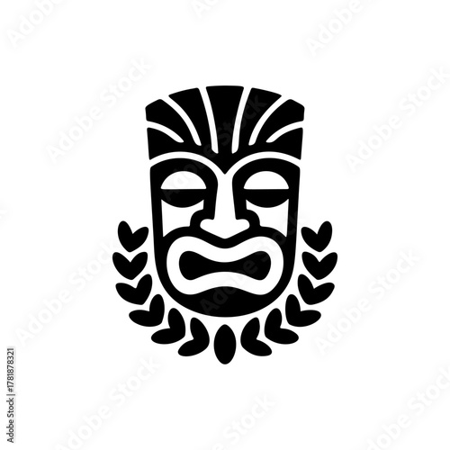 Tiki tribal wooden mask set and Tiki mug. Hawaiian traditional elements. Colored, wooden and black and white silhouette. Vector illustration
