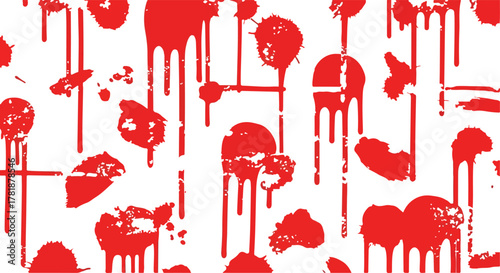 Red drops and splashes on white backdrop create a chaotic patterned design