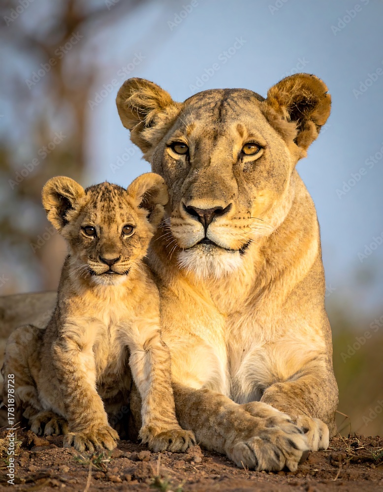 Obraz premium A lioness and her cub sit side-by-side, bathed in warm sunlight, with the adult lioness protectively near the small cub