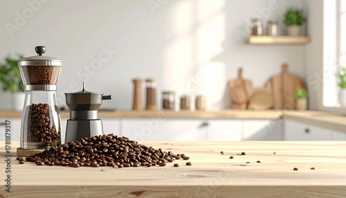 A clean, natural light photo of whole coffee beans scattered next to a modern coffee