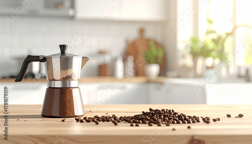 A clean, natural light photo of whole coffee beans scattered next to a modern coffee