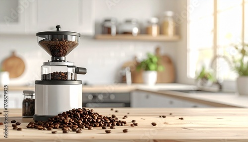 A clean, natural light photo of whole coffee beans scattered next to a modern coffee
