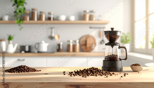 A clean, natural light photo of whole coffee beans scattered next to a modern coffee