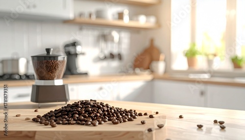 A clean, natural light photo of whole coffee beans scattered next to a modern coffee