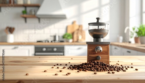 A clean, natural light photo of whole coffee beans scattered next to a modern coffee